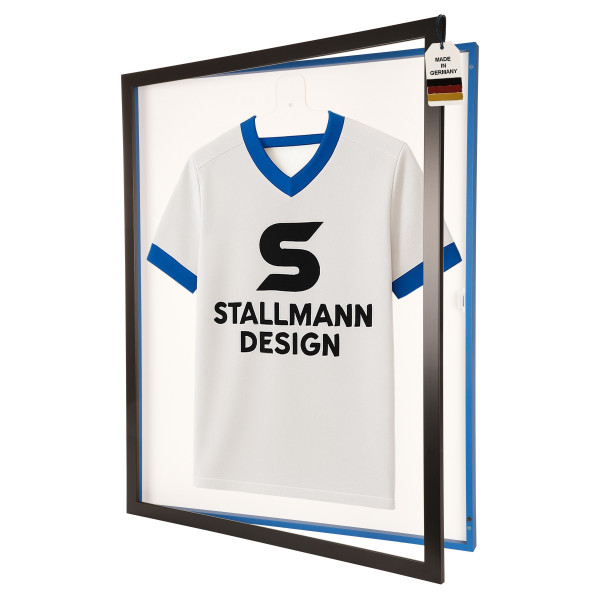 Stallmann Trikotrahmen mit Drehtür in Schwarz-Blau Rückwand Weiß in Vereinsfarben
