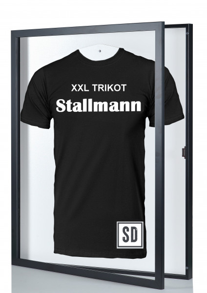 "Trikotrahmen XXL in Schwarz mit Drehtür - Rückwand weiß - Edle Präsentation für Sammlerstücke"