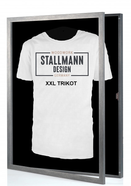 "Trikotrahmen XXL in Stahl Optik mit Drehtür - Rückwand schwarz - Edle Präsentation für Sammlerstück