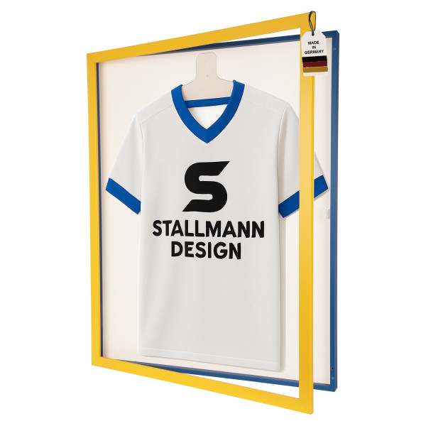 Stallmann Trikotrahmen mit Drehtür in Gelb-Blau Rückwand Weiß in Vereinsfarben