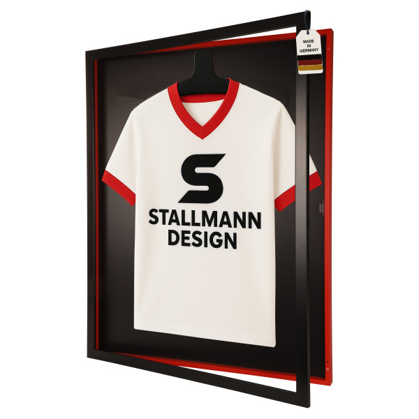 Stallmann Trikotrahmen mit Drehtür in Schwarz-Rot Rückwand Schwarz in Vereinsfarben