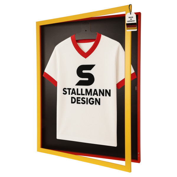 Stallmann Trikotrahmen mit Drehtür in Gelb-Rot Rückwand Schwarz in Vereinsfarben