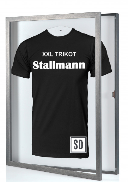 "Trikotrahmen XXL in Stahl Optik mit Drehtür - Rückwand weiß - Edle Präsentation für Sammlerstücke"