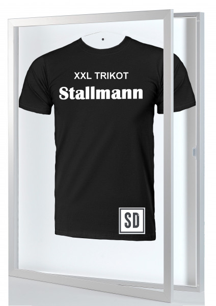 "Trikotrahmen XXL in Alu Optik mit Drehtür - Rückwand weiß - Edle Präsentation für Sammlerstücke"
