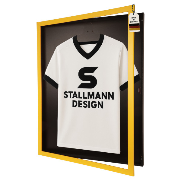 Stallmann Trikotrahmen mit Drehtür in Gelb-Schwarz Rückwand Schwarz in Vereinsfarben