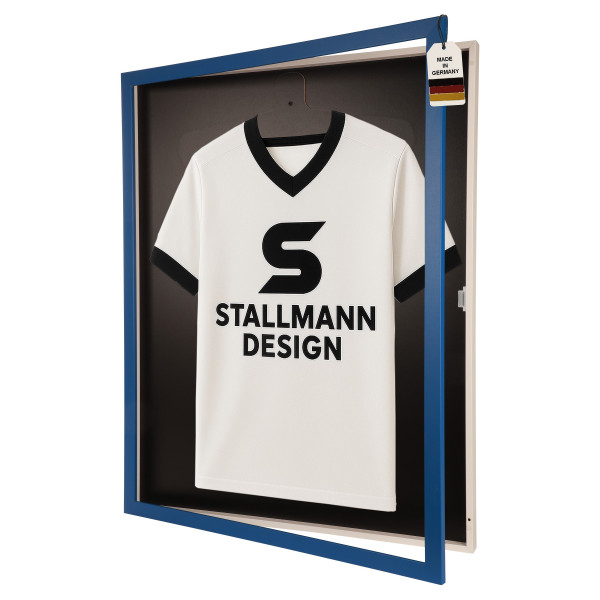 Stallmann Trikotrahmen mit Drehtür in Blau-Weiß Rückwand Schwarz in Vereinsfarben