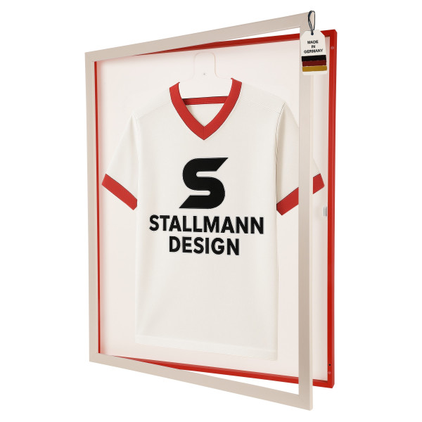 Stallmann Trikotrahmen mit Drehtür in Weiß-Rot Rückwand Weiß in Vereinsfarben