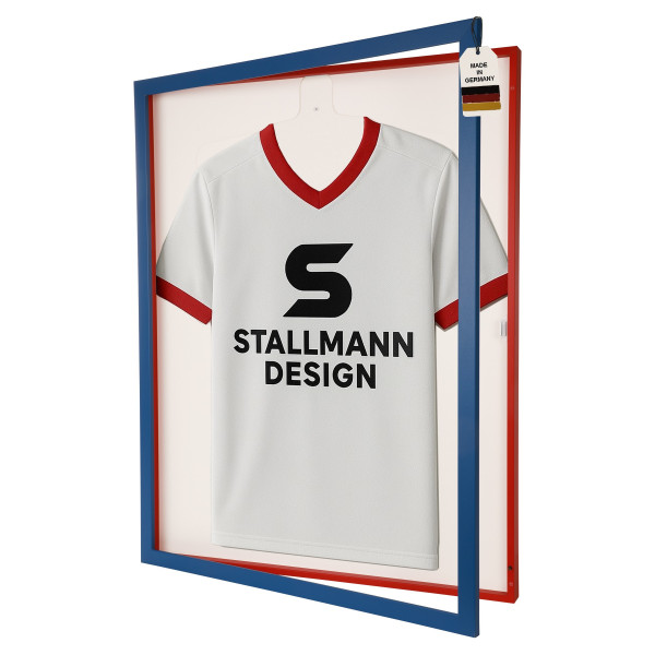 Stallmann Trikotrahmen mit Drehtür in Blau-Rot Rückwand weiß in Vereinsfarben